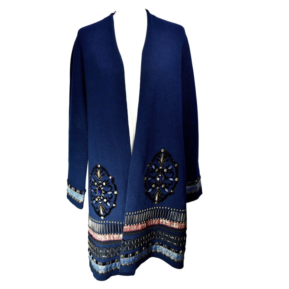 Chicos Navy Blue Embellished Longline Cardigan Sweater Beaded Duster Size 1 M